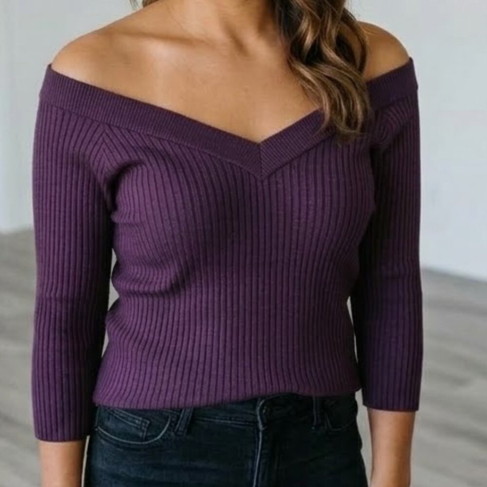 Vintage 80's 90's Purple Off the Shoulder Cable Knit Sweater L to XL V-Neck